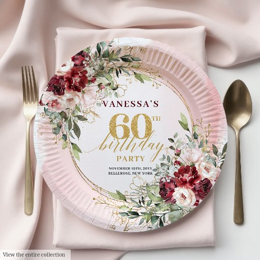 Boho Burgundy Gold Floral Elegant 60th Birthday  ペーパープレート