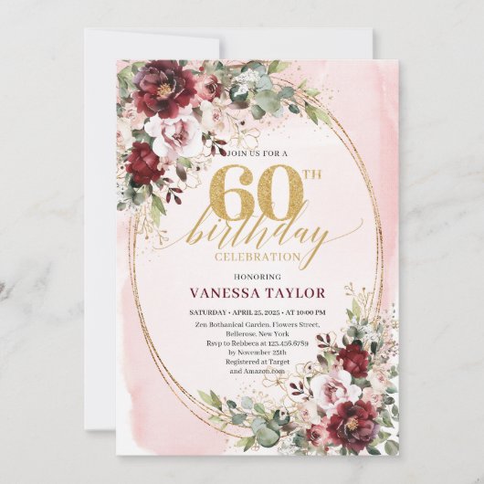 Boho Burgundy Gold Frame Floral 60th Birthday 招待状 (正面)