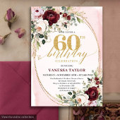 Boho Burgundy Gold Oval Floral 60th Birthday Card 招待状