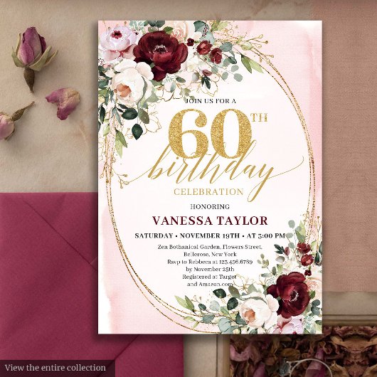 Boho Burgundy Gold Oval Floral 60th Birthday Card 招待状