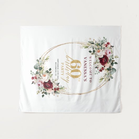 Boho Burgundy Greenery Gold 60th Birthday Backdrop タペストリー (正面(横))