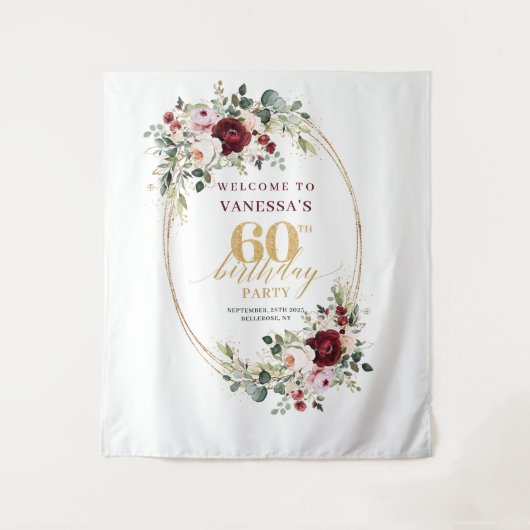 Boho Burgundy Greenery Gold 60th Birthday Backdrop タペストリー (正面)