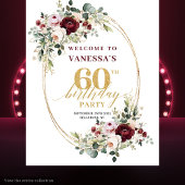 Boho Burgundy Greenery Gold 60th Birthday Backdrop タペストリー