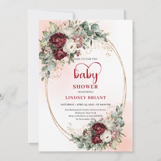 Boho Burgundy Greenery Heart-Shaped Font Baby Show 招待状 (正面)