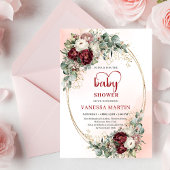 Boho Burgundy Greenery Heart-Shaped Font Baby Show 招待状