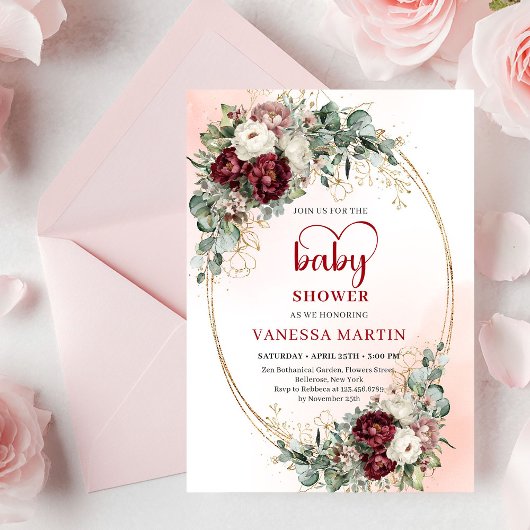 Boho Burgundy Greenery Heart-Shaped Font Baby Show 招待状