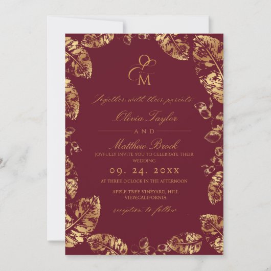 Boho Burgundy Leaf | Elegant Fall Wedding 招待状 (正面)