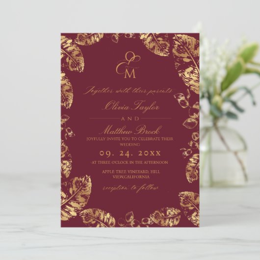 Boho Burgundy Leaf | Elegant Fall Wedding 招待状 (スタンド正面)