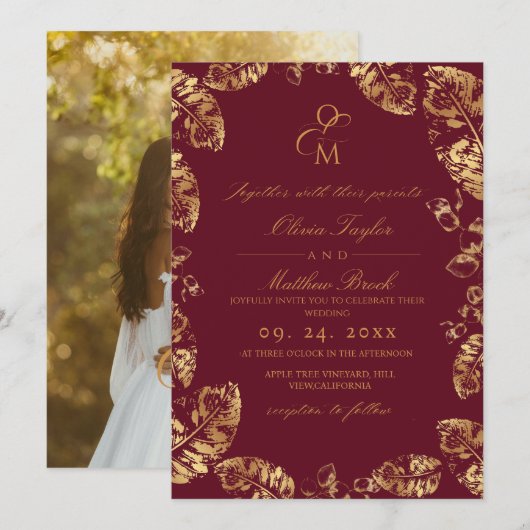 Boho Burgundy Leaf | Elegant Fall Wedding 招待状 (正面/裏面)