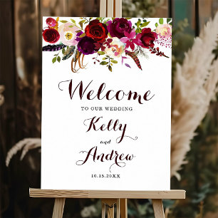Boho Burgundy Marsalaフローラ歓迎結婚のサイン ポスター