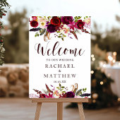 Boho Burgundy Marsalaフローラ歓迎結婚のサイン ポスター
