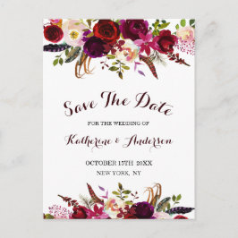 Boho Burgundy Marsalaフローラ結婚式の日付を保存 案内ポストカード