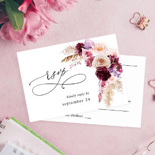 Boho Burgundy & Pinkフローラ&フルーツw食事RSVP 出欠カード