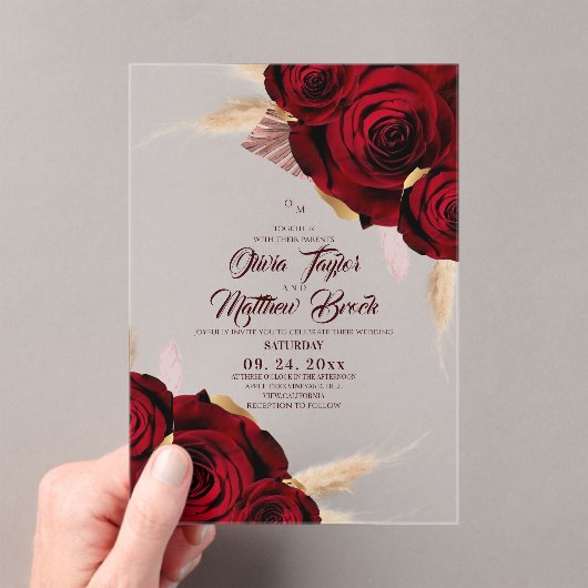 Boho Burgundy Roses Pampas Grass Wedding  アクリル招待状 (インサイチュ (ポータブル))