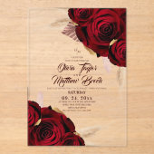 Boho Burgundy Roses Pampas Grass Wedding  アクリル招待状 (正面)