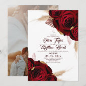 Boho Burgundy Roses Pampas Grass Wedding 招待状 (正面/裏面)