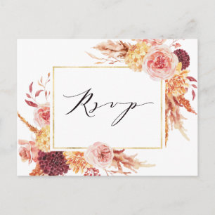 Boho Burgundy Teracotta Flowers Weding出欠 ポストカード