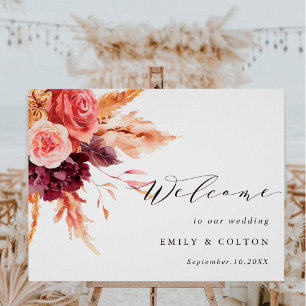 Boho Burgundy Terracotta Floral Wedding Welcome ポスター