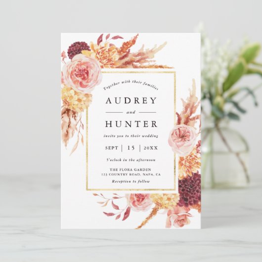 Boho Burgundy Terracotta Flower Frame 結婚's 招待状 (スタンド正面)