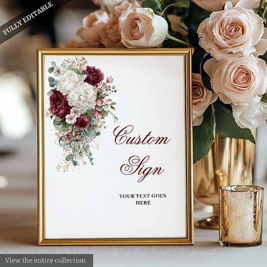 Boho Burgundy White Elegant Floral Wedding Sign ポスター
