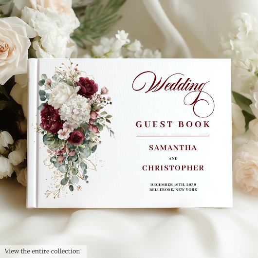 Boho Burgundy White Floral Wedding Guest Book ゲストブック