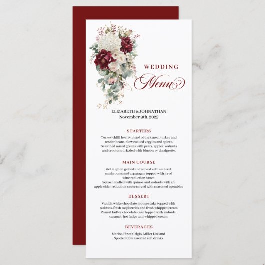 Boho Burgundy White Floral Wedding Menu Card メニュー (正面/裏面)