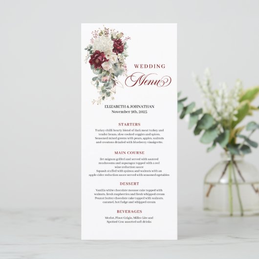Boho Burgundy White Floral Wedding Menu Card メニュー (スタンド正面)