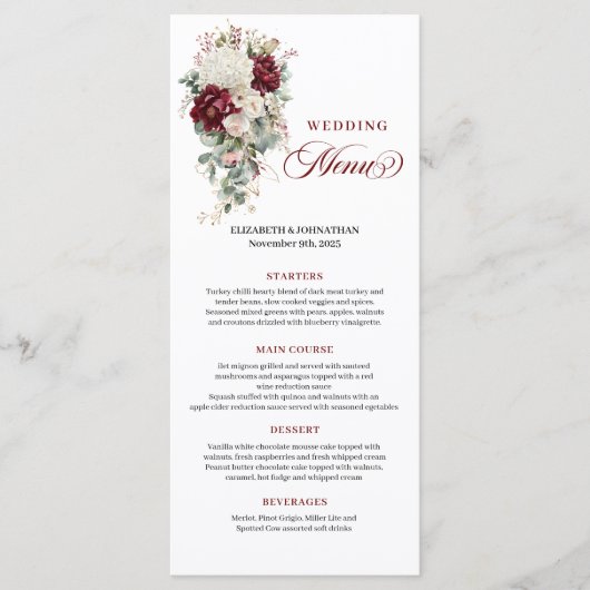 Boho Burgundy White Floral Wedding Menu Card メニュー (正面)