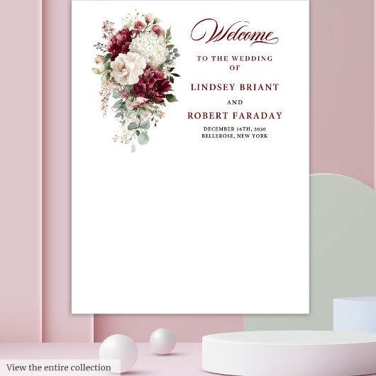 Boho Burgundy White Garden Rose Wedding Backdrop タペストリー