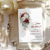 Boho burgundy white gold floral save the date card 招待状