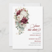 Boho burgundy white gold floral save the date card 招待状 (正面)