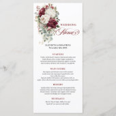 Boho burgundy white gold floral wedding menu card メニュー (正面)