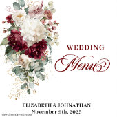 Boho burgundy white gold floral wedding menu card メニュー