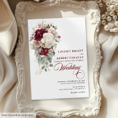 Boho Burgundy White Gold Leaf Wedding Invitation 招待状