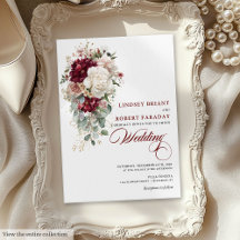 Boho Burgundy White Gold Leaf Wedding Invitation