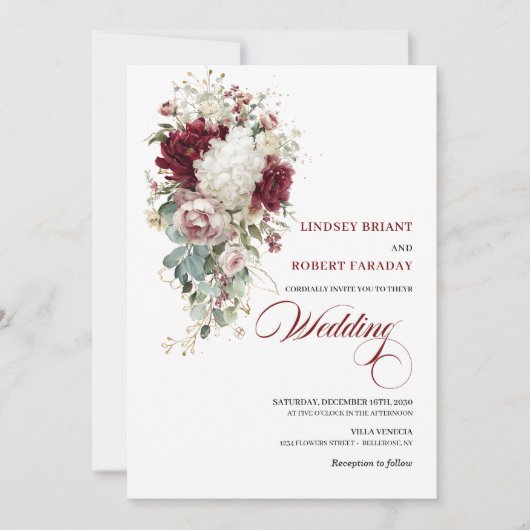 Boho Burgundy White Rose Gold Wedding Invitation 招待状 (正面)