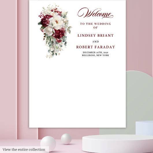 Boho Burgundy White Rustic Floral Wedding Backdrop タペストリー