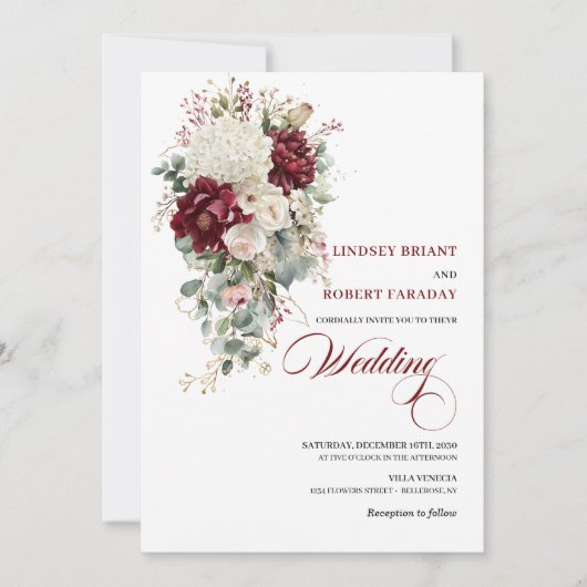Boho Burgundy White Watercolor Wedding Invitation 招待状 (正面)