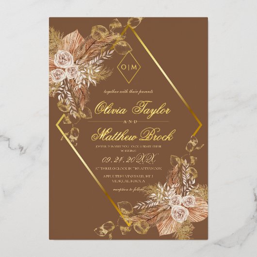 Boho Burn Orange Diamond Gold Wedding Foil  箔招待状 (正面)
