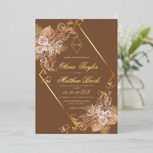 Boho Burn Orange Diamond Gold Wedding Foil 箔招待状 (立ち正面)