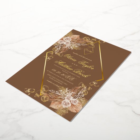Boho Burn Orange Diamond Gold Wedding Foil 箔招待状 (回転した状態)
