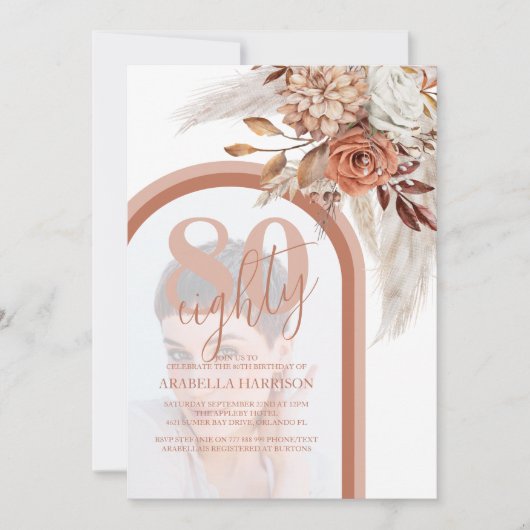 Boho Burntオレンジフローラ写真80誕生日I 招待状 (正面)