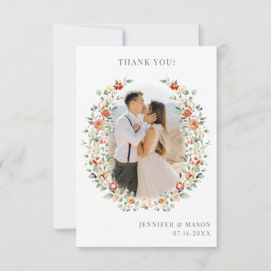 Boho burntオレンジ色の花リース結婚の写真 サンキューカード (正面)