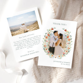 Boho burntオレンジ色の花リース結婚の写真 サンキューカード