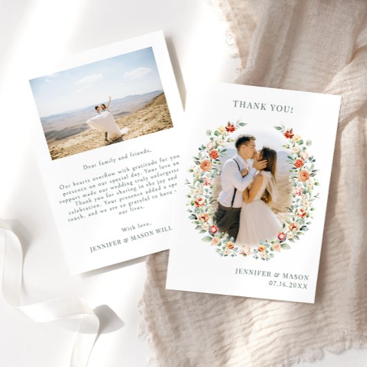 Boho burntオレンジ色の花リース結婚の写真 サンキューカード