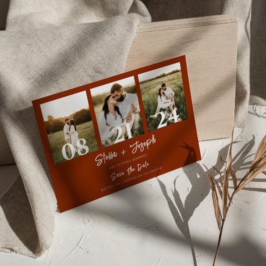 Boho Burnt Orange モダン Three Photos 結婚's セーブザデート