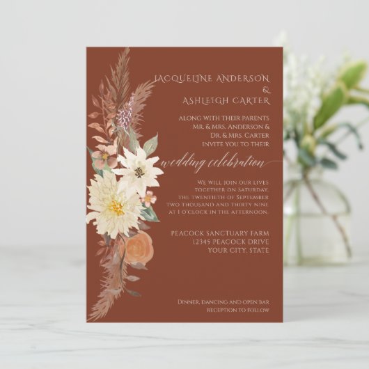 BOHO Burnt Orange Fall Floral Pampas Grass Elegant 招待状 (スタンド正面)
