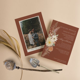 BOHO Burnt Orange Fall Floral Pampas Grass Elegant 招待状