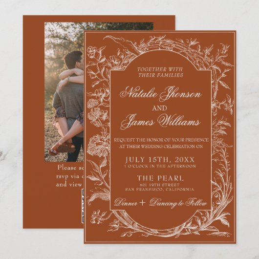 Boho Burnt Orange Floral QR Code Photo Wedding 招待状 (正面/裏面)