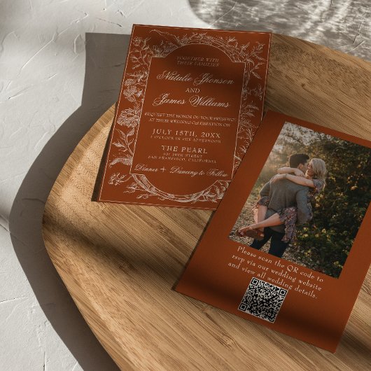 Boho Burnt Orange Floral QR Code Photo Wedding 招待状